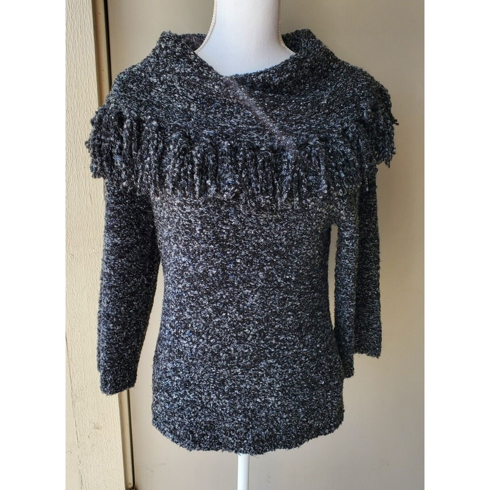 Ruby Rd Sweater Womens Small Black White Fringe Cowl Neck Boucle Knit Pullover